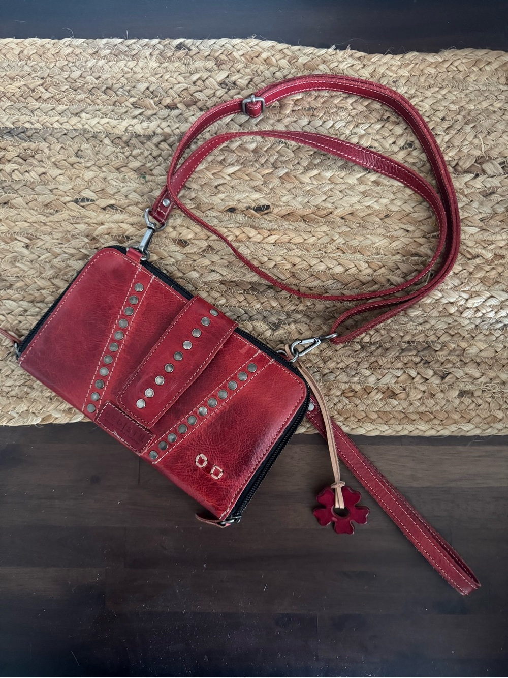 Bed Stu Red Leather Crossbody Bag with Stud Accents MODIFIED